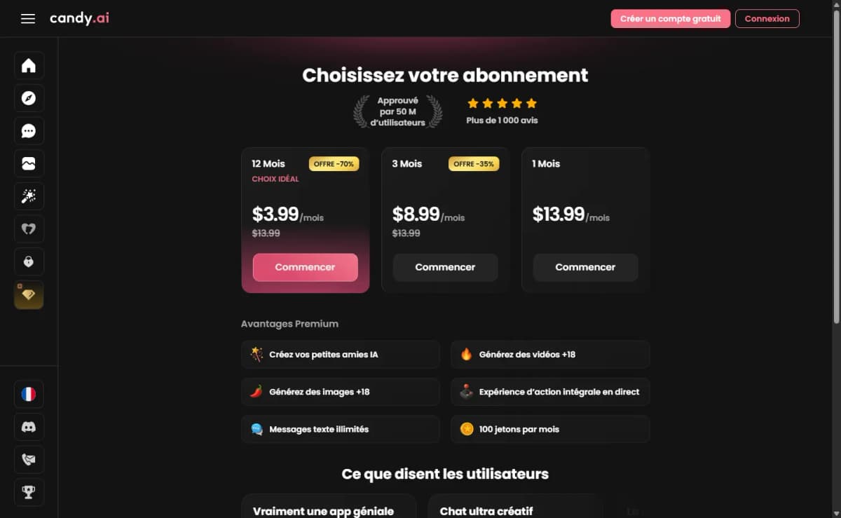 Candy AI subscription pricing page showing $3.99, $8.99 and $13.99 per month plans
